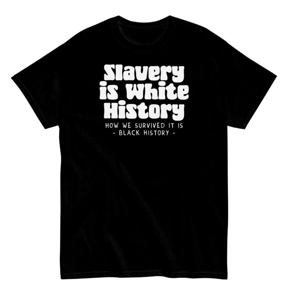 fitted t-shirt features a striking white graphic that makes a bold statement.